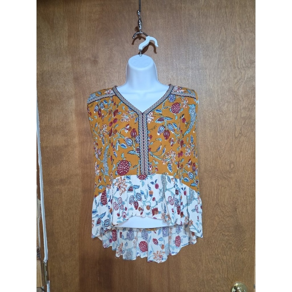 Myra Bay Womens Small Mustard Yellow Floral Boho Crinkle High Low Peplum Top